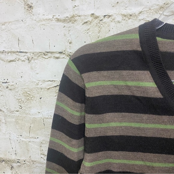 Gap Brown Green Striped Merino Wool V Neck Cardigan Sweater - Picture 2 of 4